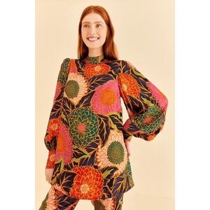 Farm Rio Women Top Small Multicolor Vintage Garden Satin Mock Neck Puff Sleeve